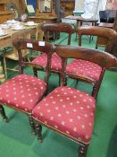 2 pairs of mahogany framed upholstered seat dining chairs. Estimate £20-30.