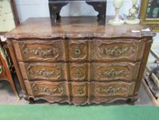 French style mahogany shaped front chest of 3 drawers with ornate ormolu handles, 128cms x 64cms x