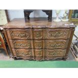 French style mahogany shaped front chest of 3 drawers with ornate ormolu handles, 128cms x 64cms x