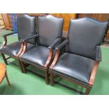 3 black leather-effect club-style open armchairs. Estimate £80-100.