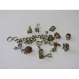 Silver hallmarked charm bracelet with 18 silver coloured charm (2 of which are hallmarked). Estimate