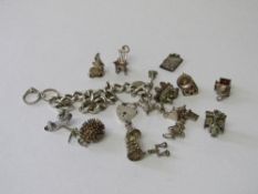 Silver hallmarked charm bracelet with 18 silver coloured charm (2 of which are hallmarked). Estimate