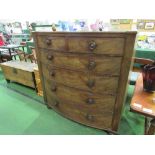 Victorian mahogany bow fronted chest of 2 over 4 graduated drawers, on bun feet, with turned