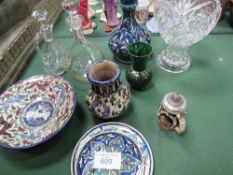 Palestinian decorated pottery bowl, plate & 2 vases; 2 decanters & a cut glass fruit bowl.