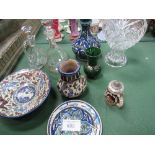 Palestinian decorated pottery bowl, plate & 2 vases; 2 decanters & a cut glass fruit bowl.
