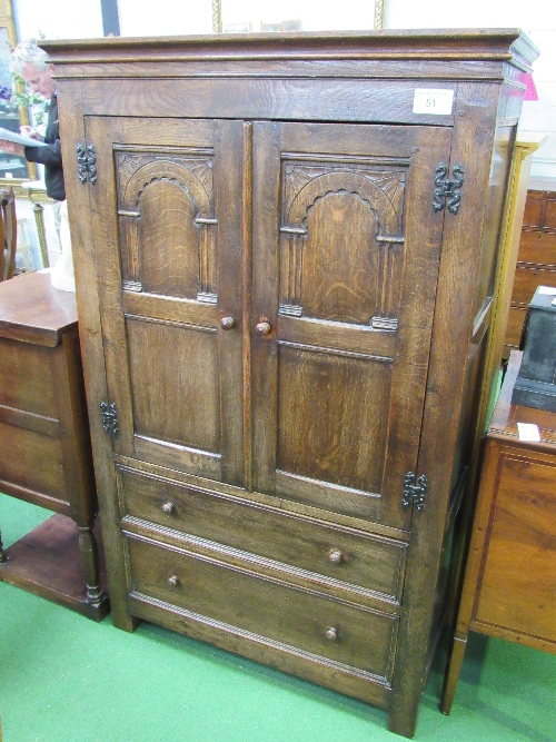 Oak cabinet with 2 drawers beneath, 90cms x 39cms x 156cms