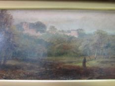 Gilt framed picture on card of countryside scene with church. Estimate £5-10.