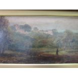 Gilt framed picture on card of countryside scene with church. Estimate £5-10.