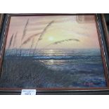 Framed oil on canvas of beach scene at sunset, signed C Robertson. Estimate £10-20.