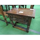 Dark oak small stool with rising lid & carved front, 46cms x 26cms x 42cms. Estimate £20-30.