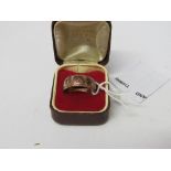 9ct gold engraved band, size 5 1/2, weight 4.8gms. Estimate £50-60.