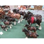 9 model Shire Horses, 3 wooden model horse-drawn vehicles & a Smith's mantle clock