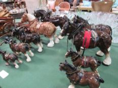 9 model Shire Horses, 3 wooden model horse-drawn vehicles & a Smith's mantle clock