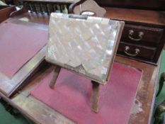 A mother of pearl Victorian Carte de Viste photo album on easel stand. Estimate £20-25.