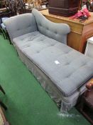 Blue & green upholstered chaise longue, 163cms x 63cms x 81cms. Estimate £30-40.
