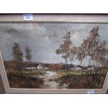 Framed oil on canvas of woodland scene, signed. Estimate £10-15.