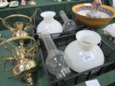 2 brass hanging lamps with glass shades & chimneys, a large coloured wash bowl & a vase. Estimate £