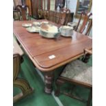 Mahogany wind-out dining table on heavy turned legs c/w handle, 190cms x 100cms x 74cms. Estimate £