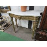 Marble serpentine top side table with ornate carved frieze to tapered gilded legs, 103cms x 51cms