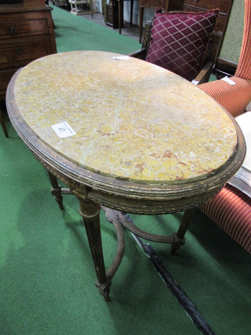 Gilt oval marble top occasional table on tapered legs to X stretcher. Estimate £30-50. - Image 2 of 2