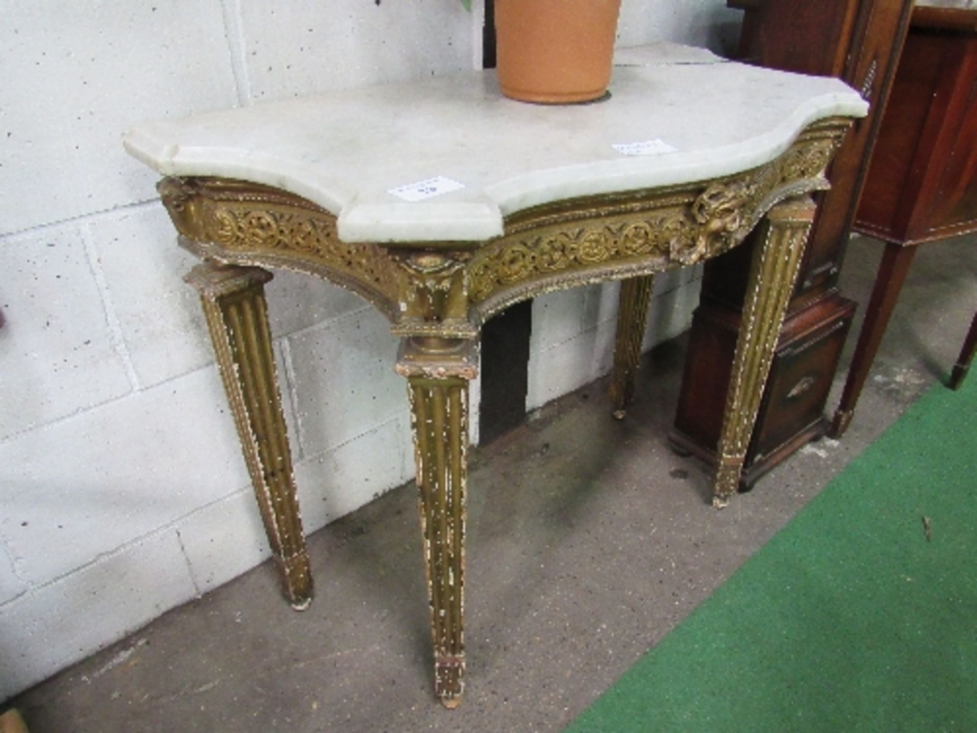 Marble serpentine top side table with ornate carved frieze to tapered gilded legs, 103cms x 51cms - Image 2 of 2