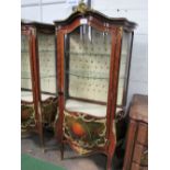 Ornate Bombe French style display cabinet with ormolu mounts & painted panels to base, 2 interior