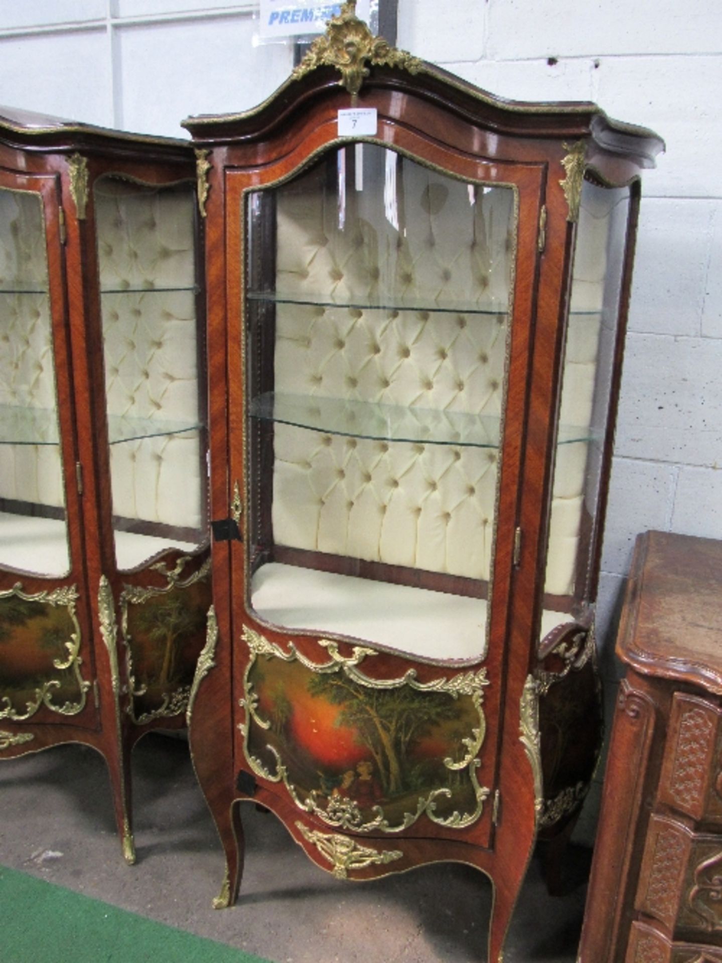 Ornate Bombe French style display cabinet with ormolu mounts & painted panels to base, 2 interior