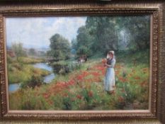 Oilograph of young girl picking flowers beside a stream, signed lower right. Estimate £10-20.