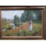 Oilograph of young girl picking flowers beside a stream, signed lower right. Estimate £10-20.