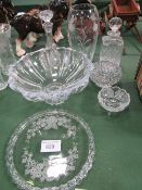 Glassware: cake stand, large fruit bowl, 2 decanters, vase, rose bowl & small dish. Estimate £50-