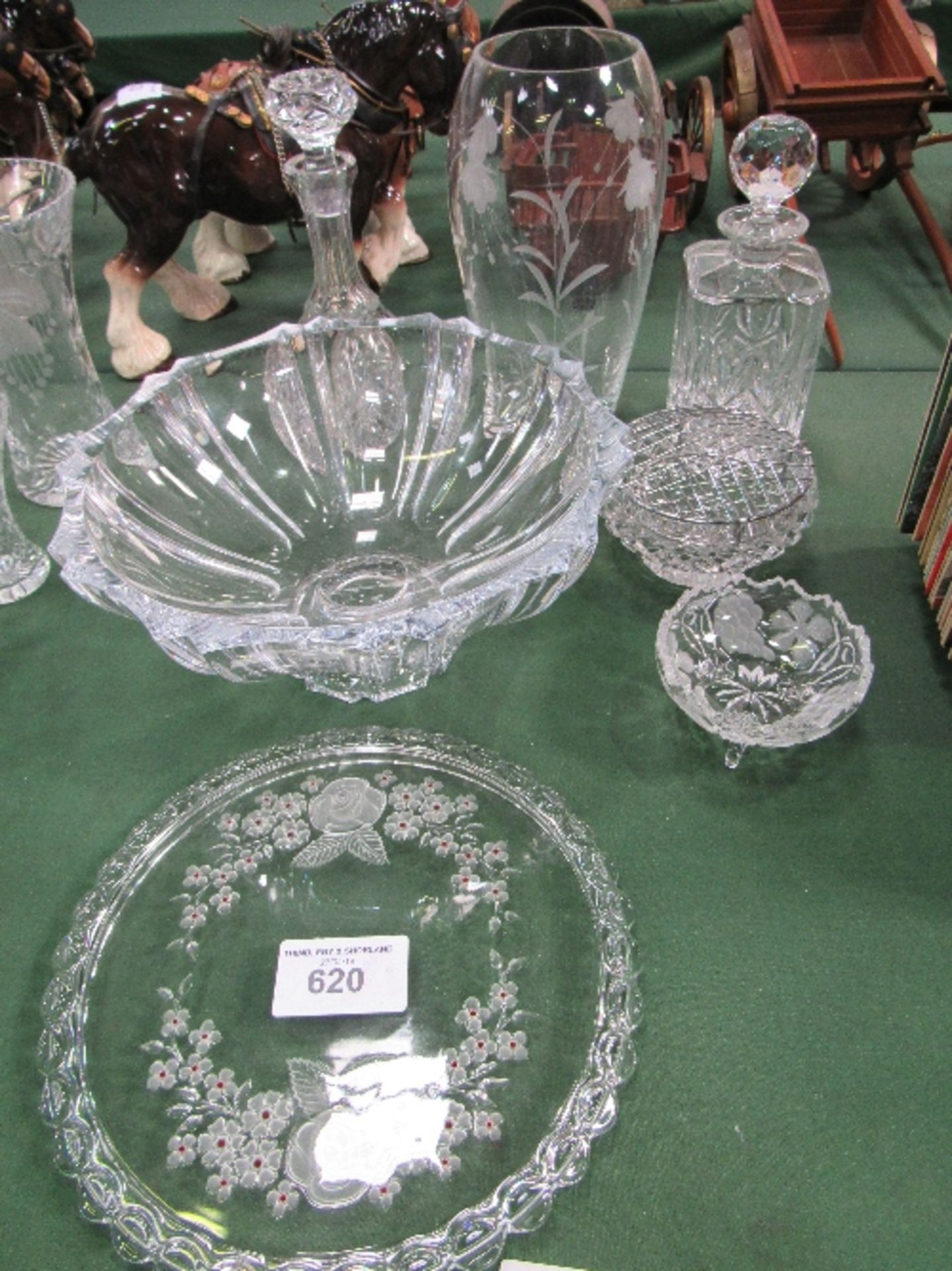 Glassware: cake stand, large fruit bowl, 2 decanters, vase, rose bowl & small dish. Estimate £50-