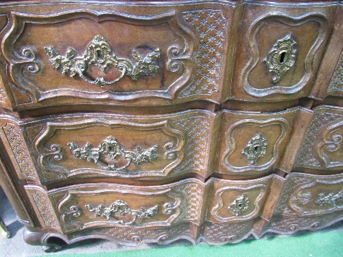 French style mahogany shaped front chest of 3 drawers with ornate ormolu handles, 128cms x 64cms x - Image 3 of 3