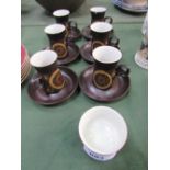 Set of 6 Denby arabesque coffee cups & saucers (chip to 1) & matching sugar bowl. Estimate £5-10.