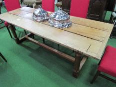 Oak 3 planked table on turned legs with centre floor stretcher, 214cms x 80cms x 74cms. Estimate £
