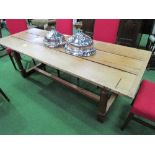 Oak 3 planked table on turned legs with centre floor stretcher, 214cms x 80cms x 74cms. Estimate £