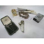 Mother of pearl handled cigar cutter, 5 mother of pearl handled fruit knives, Persian silver