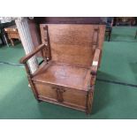 Oak hermaphrodite table/chair/small bench with lid to seat, 72cms x 48cms x 89cms. Estimate £40-60.