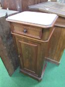 Marble top pot cupboard on castors to base, 39cms x 34cms x 89cms. Estimate £20-30.