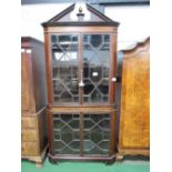 Large Edwardian mahogany corner display cabinet with glass panel doors & shaped shelves & broken