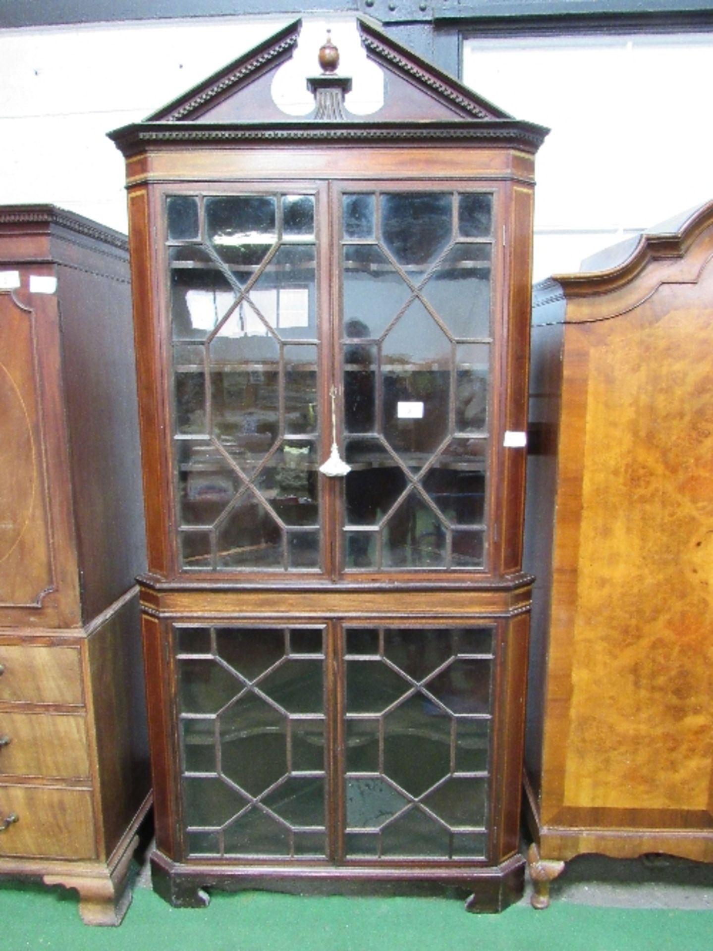 Large Edwardian mahogany corner display cabinet with glass panel doors & shaped shelves & broken