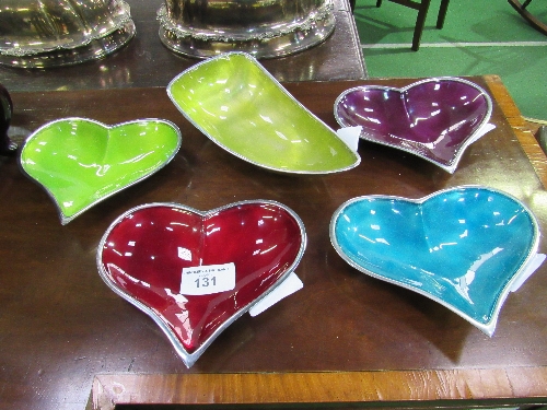 4 coloured heart-shaped enamel dishes & another dish by Azeti. Estimate £20-40.