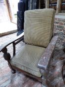 Early 20thC mahogany framed armchair with hand-operated ratchet-device to recline the back