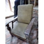 Early 20thC mahogany framed armchair with hand-operated ratchet-device to recline the back