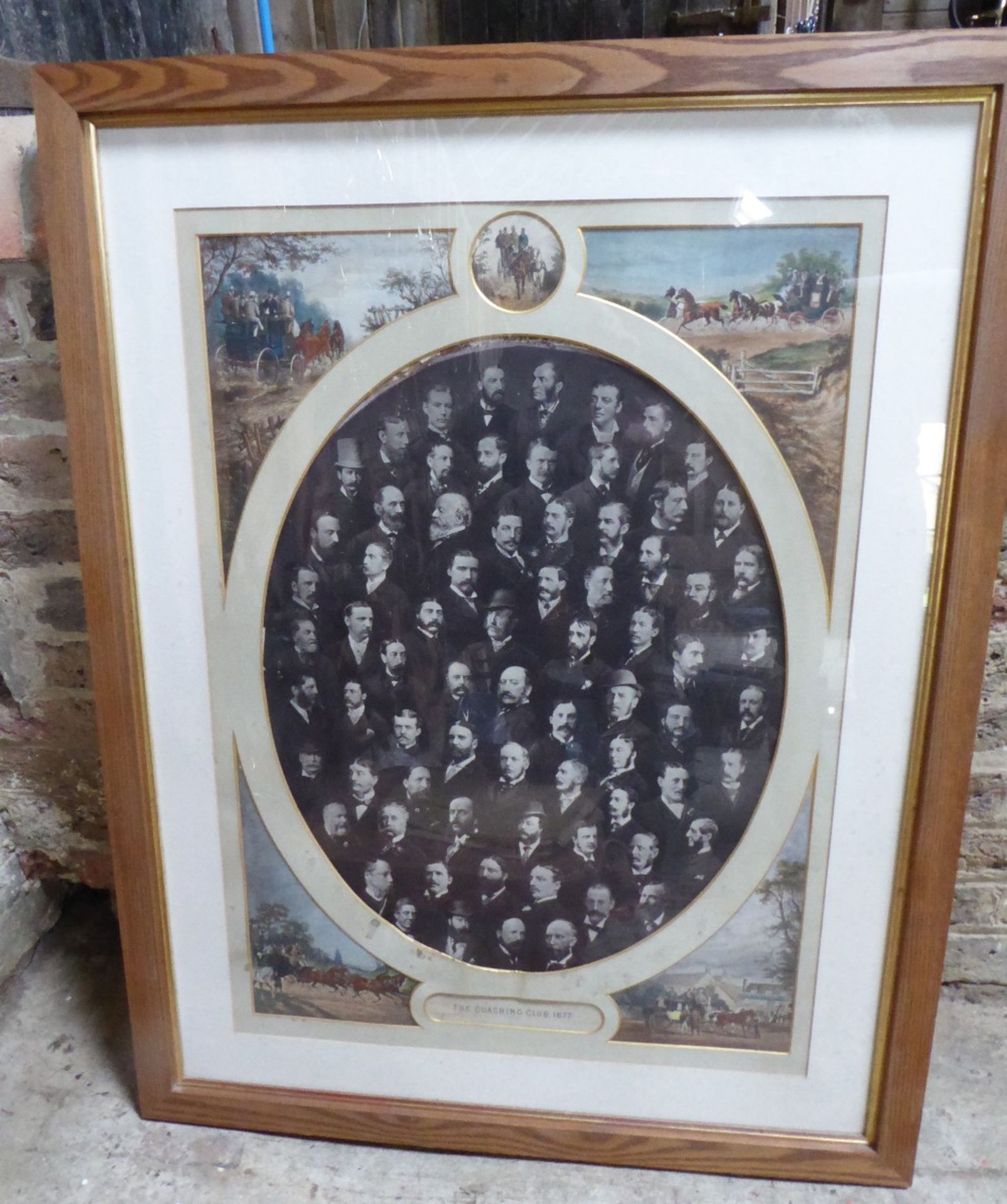 A fine and unusual framed poster of Members of 'The Coaching Club, 1877' in a mount with five