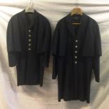 Two dark green Melton cloth livery coats with cape, lined with brass buttons, sizes small and large