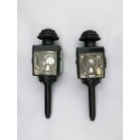 Pair of black screw-in square fronted Lawton-style carriage lamps with pagoda tops. Measuring 15ins