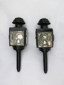 Pair of black screw-in square fronted Lawton-style carriage lamps with pagoda tops. Measuring 15ins