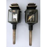 A pair of black/brass square fronted Landau lamps by Marston & Co., Birmingham with pagoda tops