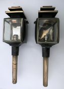 A pair of black/brass square fronted Landau lamps by Marston & Co., Birmingham with pagoda tops