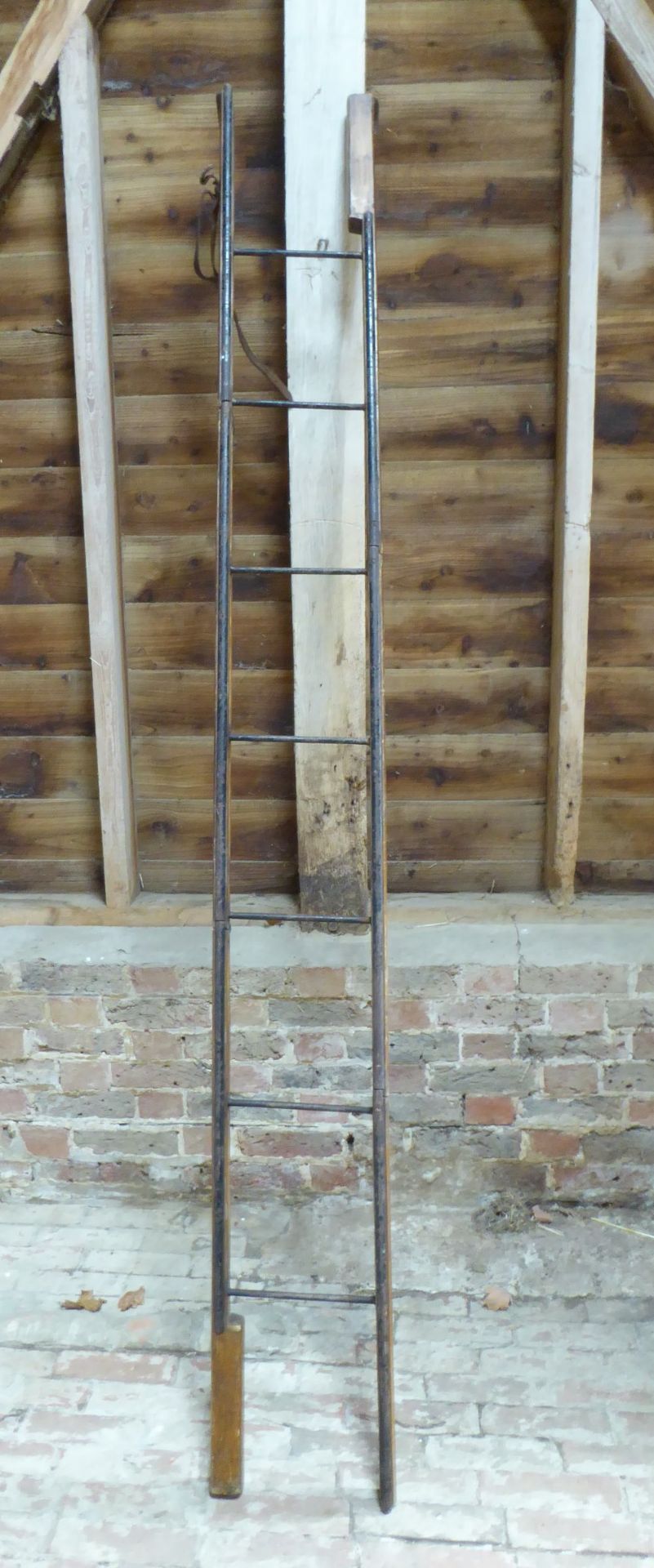 An original folding ladder in varnished wood and metal, probably from a Char-a-Banc. Approx. 92ins - Image 2 of 3